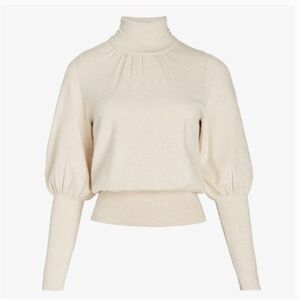 Metallic High Ribbed Blouson Sleeve Turtleneck Sweater